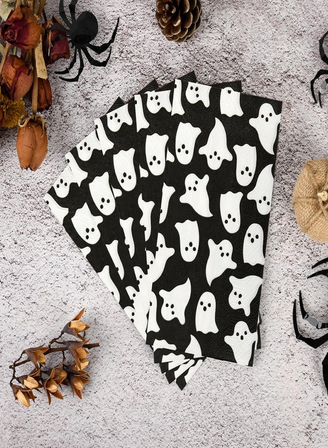 AimFun 100 Halloween Guest Napkins Ghost Disposable Paper Hand Towels Black White Spooky Boo Decorative Dinner Napkin for Birthday Halloween Party Supplies Kitchen Table Decorations - Image 4
